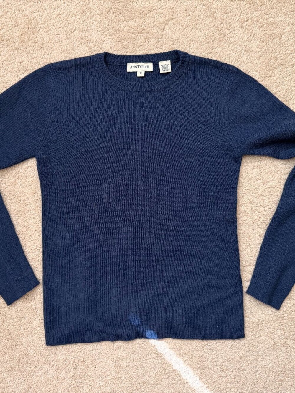 Vintage Ann Taylor 100% Wool Navy Blue Ribbed Sweater Small